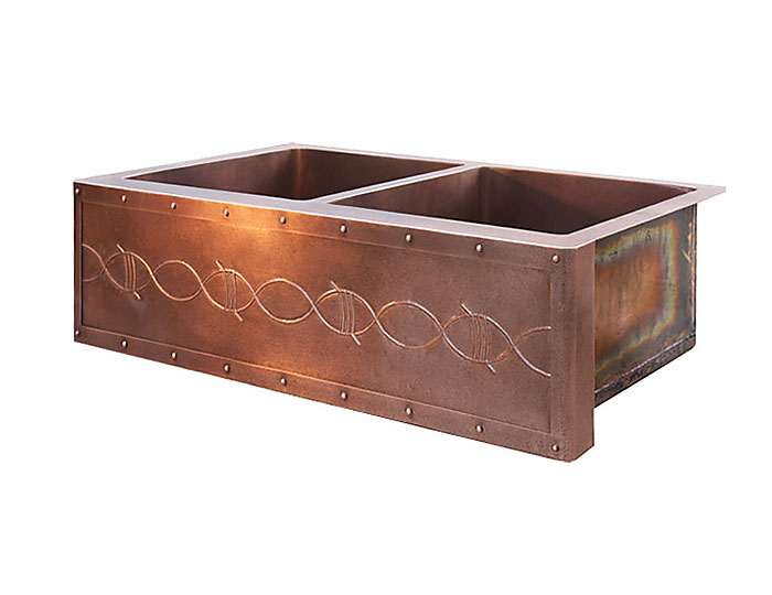 Standard Farmhouse Sink ~ Stylized Barb Wire Repousse ~ Medium Antique Copper